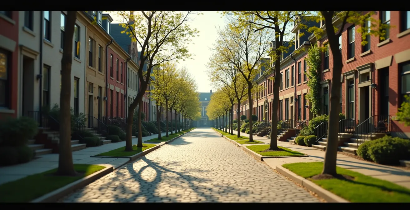 Comparaison visuelle entre un quartier ancien en pierre de Québec et une rue typique en brique rouge de Kingston, soulignant les différences stylistiques et culturelles.