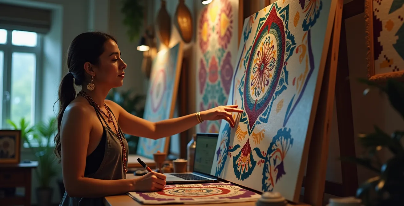 Artiste autochtone canadien créant une œuvre d'art contemporain mélangeant traditions ancestrales et techniques modernes dans un studio d'art
