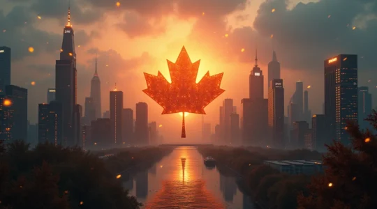 Une vision symbolique du Canada en 2045 montrant un paysage urbain futuriste intégrant nature, technologie et diversité culturelle