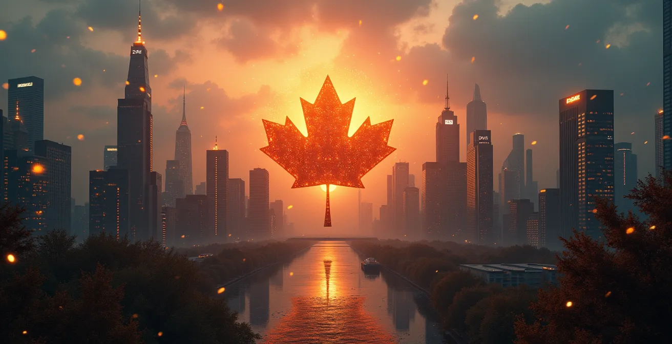 Une vision symbolique du Canada en 2045 montrant un paysage urbain futuriste intégrant nature, technologie et diversité culturelle