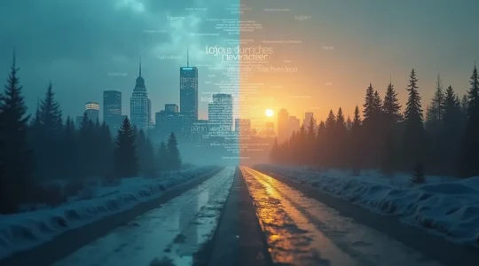 Illustration symbolique représentant les barrières invisibles à l'accès aux soins de santé au Canada, combinant des éléments numériques, géographiques et culturels.