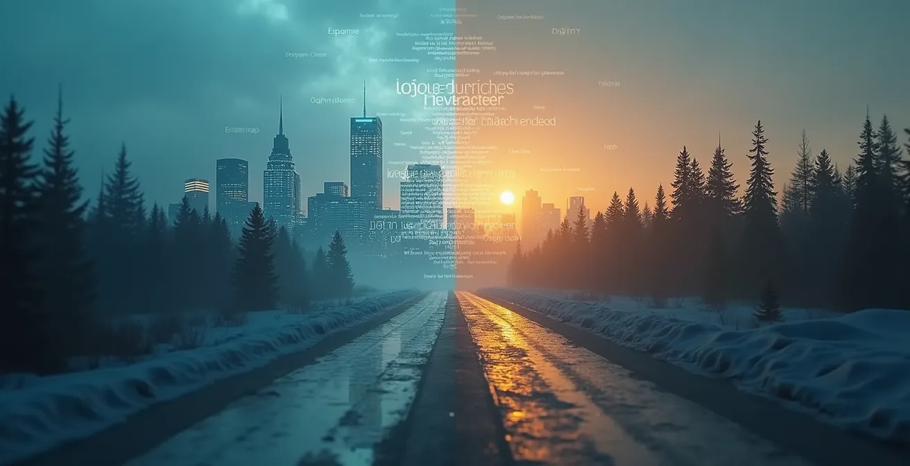 Illustration symbolique représentant les barrières invisibles à l'accès aux soins de santé au Canada, combinant des éléments numériques, géographiques et culturels.