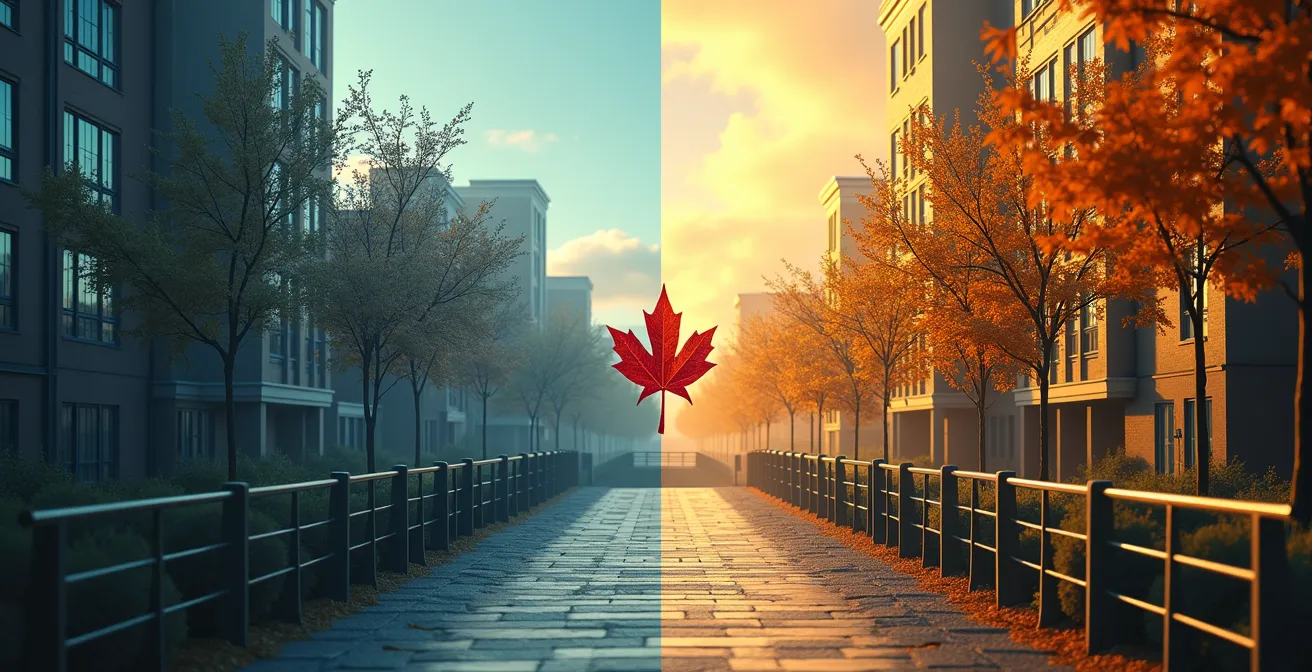 Représentation visuelle de la transformation démographique du Canada vers 2050 avec immigration et vieillissement