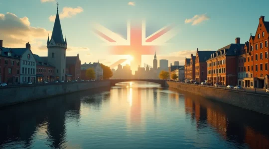 Image symbolique représentant deux visages historiques, l'un français et l'autre britannique, superposés sur un paysage canadien moderne, illustrant la dualité culturelle du Canada.