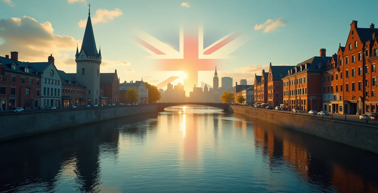 Image symbolique représentant deux visages historiques, l'un français et l'autre britannique, superposés sur un paysage canadien moderne, illustrant la dualité culturelle du Canada.