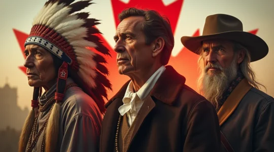 Image symbolique représentant les trois peuples fondateurs du Canada : Premières Nations, Canadiens français et Anglophones, avec des éléments historiques et culturels