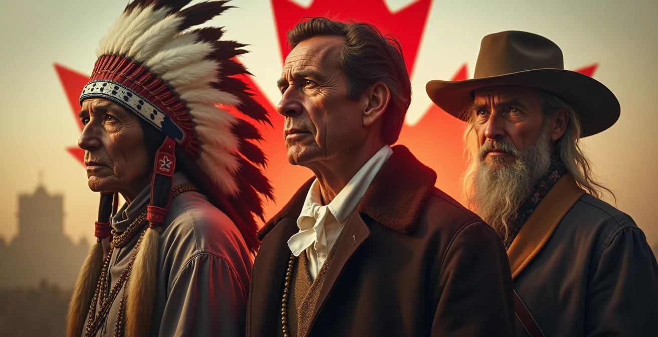 Image symbolique représentant les trois peuples fondateurs du Canada : Premières Nations, Canadiens français et Anglophones, avec des éléments historiques et culturels