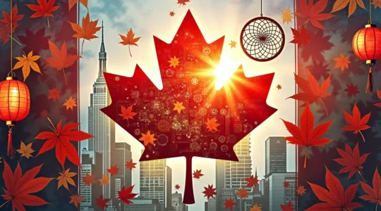 Mosaïque culturelle canadienne représentant la diversité de Montréal avec des éléments symbolisant les traditions multiculturelles du pays