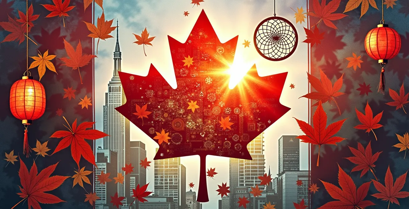 Mosaïque culturelle canadienne représentant la diversité de Montréal avec des éléments symbolisant les traditions multiculturelles du pays