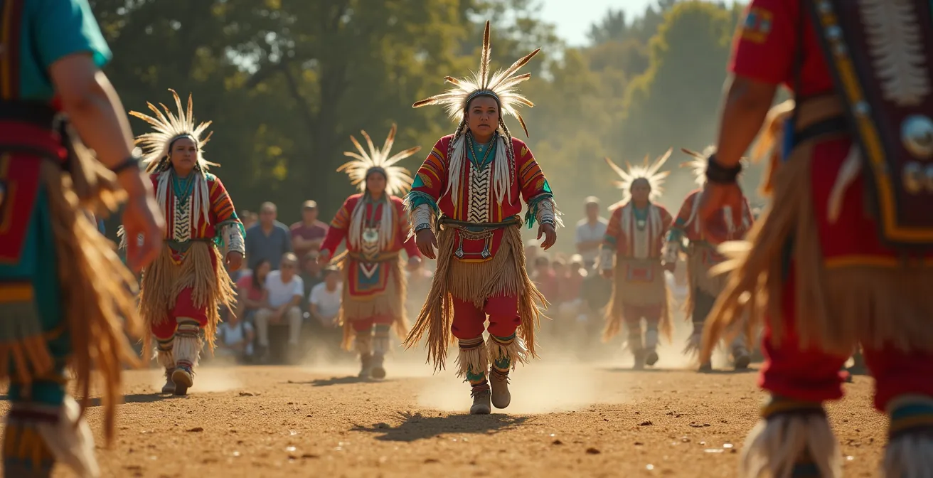 Danseurs en regalia traditionnels dans le cercle sacré d'un pow-wow, avec tambours et participants de différentes nations