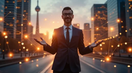 Image représentant un professionnel au centre entouré de symboles liés à l'emploi et au réseautage au Canada