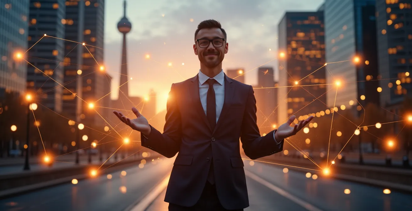 Image représentant un professionnel au centre entouré de symboles liés à l'emploi et au réseautage au Canada