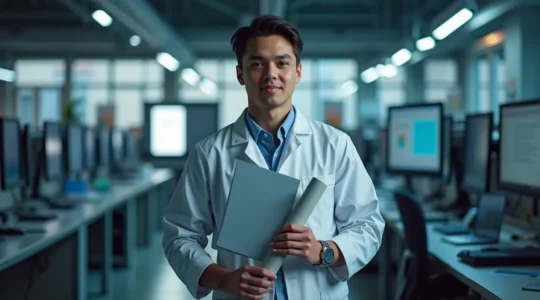 Un étudiant montréalais dans un laboratoire moderne de cégep, tenant son diplôme d'études collégiales, avec des équipements techniques en arrière-plan