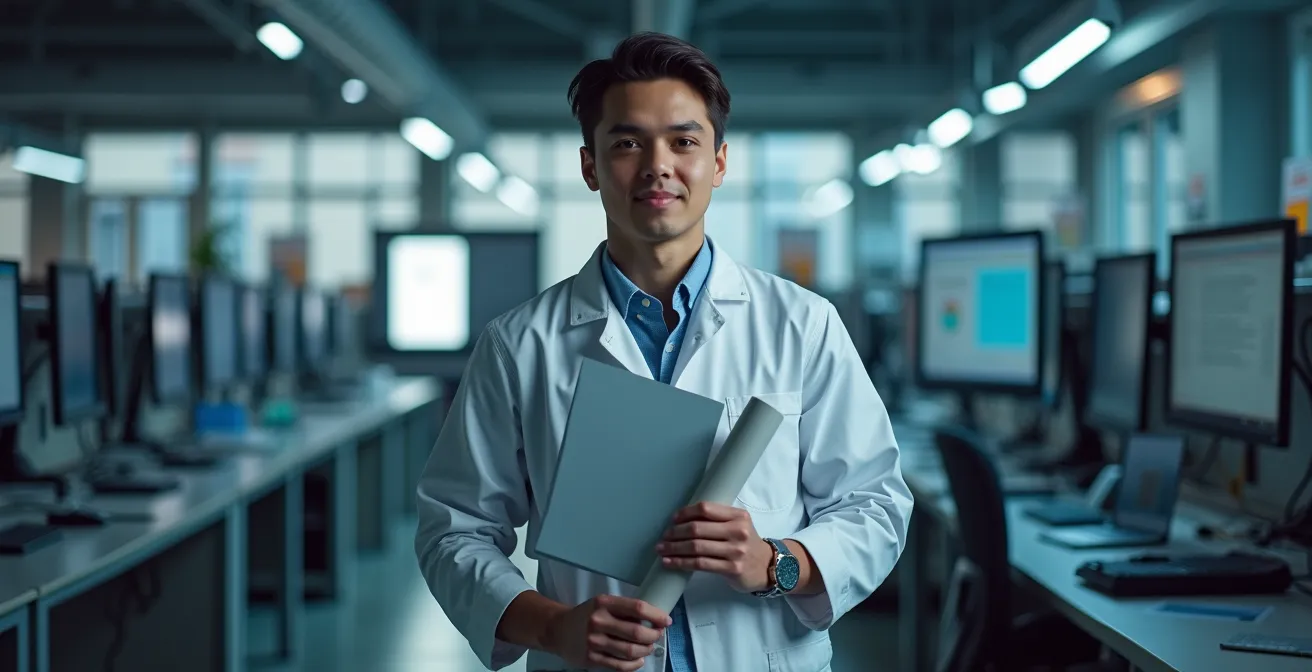 Un étudiant montréalais dans un laboratoire moderne de cégep, tenant son diplôme d'études collégiales, avec des équipements techniques en arrière-plan