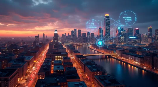 Vue panoramique dynamique du centre-ville de Montréal dominé par des icônes technologiques symbolisant l'intelligence artificielle, la fintech et l'innovation, sur fond de buildings modernes et ciel lumineux