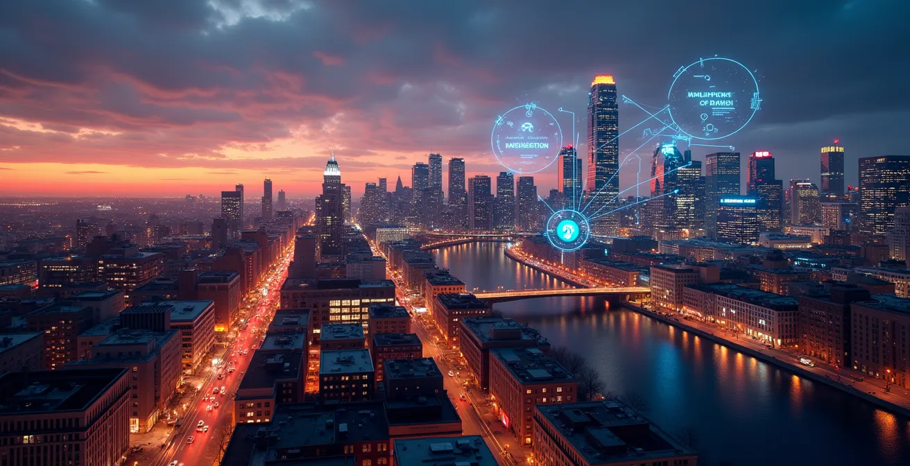 Vue panoramique dynamique du centre-ville de Montréal dominé par des icônes technologiques symbolisant l'intelligence artificielle, la fintech et l'innovation, sur fond de buildings modernes et ciel lumineux