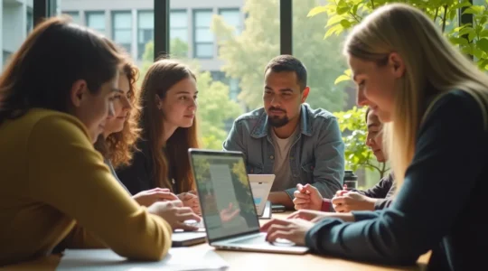 Un groupe d'étudiants diversifiés interagissant activement dans un environnement universitaire dynamique illustrant l'apprentissage par l'expérience.
