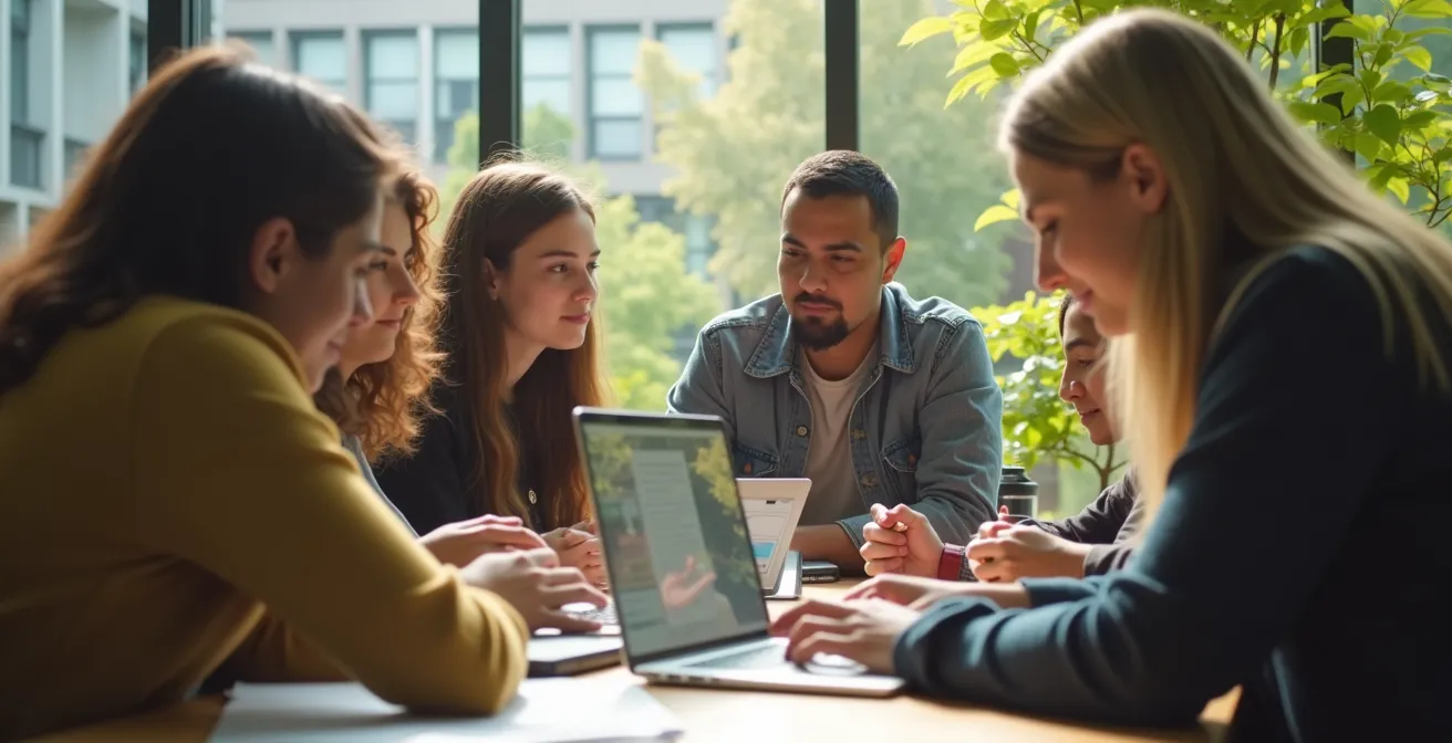 Un groupe d'étudiants diversifiés interagissant activement dans un environnement universitaire dynamique illustrant l'apprentissage par l'expérience.
