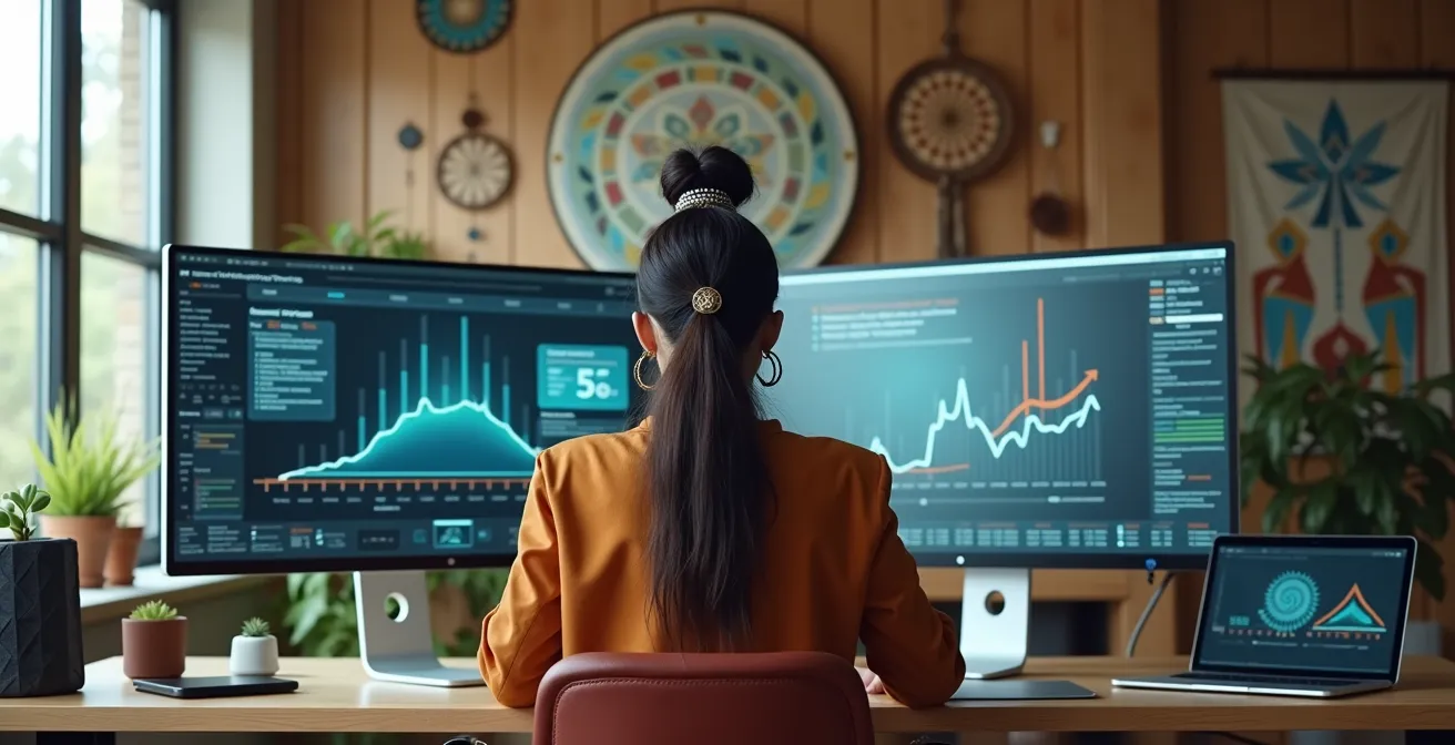 Entrepreneur autochtone moderne travaillant sur un projet innovant mêlant technologie de pointe et valeurs traditionnelles des sept générations