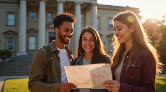 Étudiants internationaux discutant devant une université canadienne prestigieuse