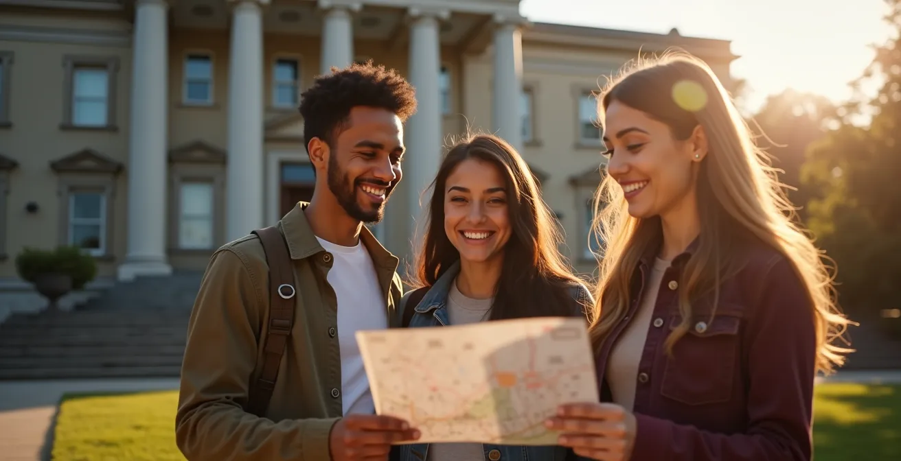 Étudiants internationaux discutant devant une université canadienne prestigieuse