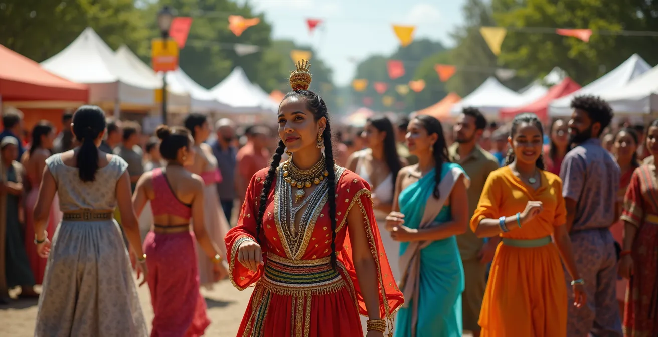 Scène de festival multiculturel canadien avec différentes communautés culturelles célébrant ensemble leurs traditions dans un esprit de partage