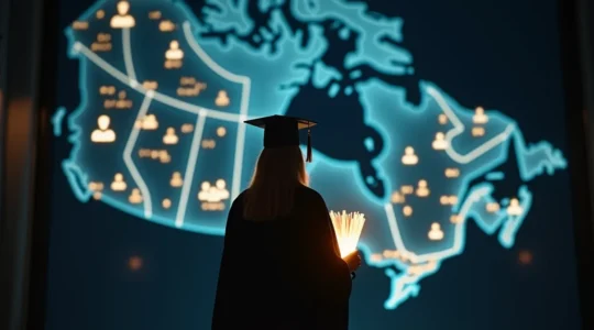 Étudiant levant un diplôme stylisé devant une carte du Canada avec des icônes de carrières
