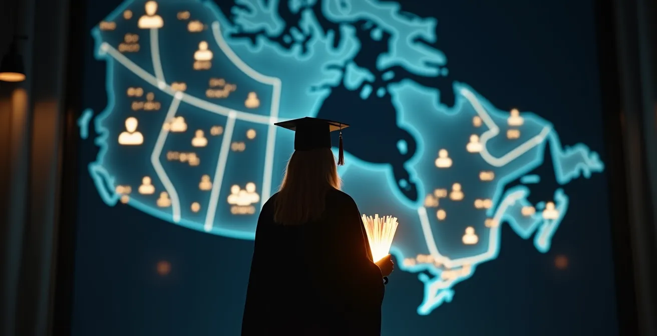 Étudiant levant un diplôme stylisé devant une carte du Canada avec des icônes de carrières