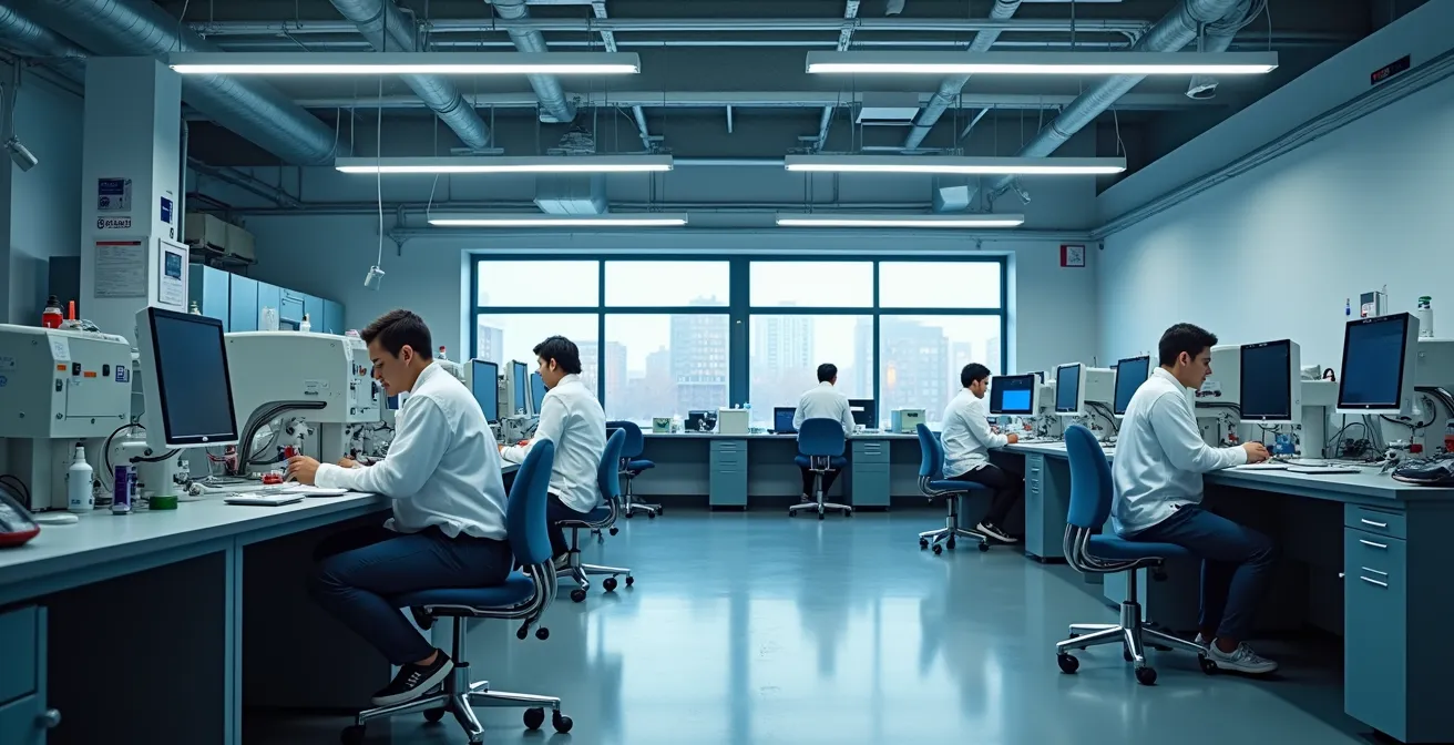 Laboratoire de cégep montréalais avec équipements de pointe et étudiants travaillant sur des projets techniques concrets