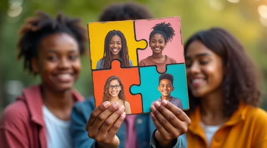 Vue symbolique montrant une mosaïque colorée représentant la diversité culturelle canadienne, avec des silhouettes de personnes de différentes origines tenant ensemble un puzzle représentant le Canada