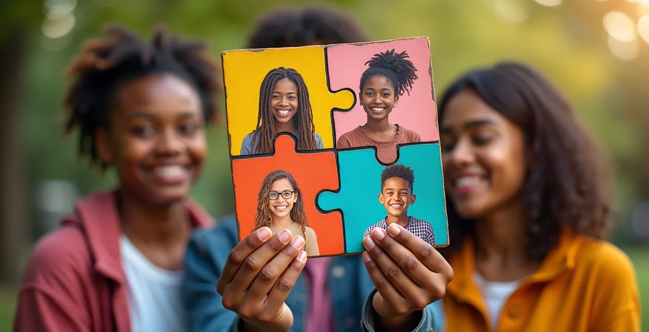 Vue symbolique montrant une mosaïque colorée représentant la diversité culturelle canadienne, avec des silhouettes de personnes de différentes origines tenant ensemble un puzzle représentant le Canada