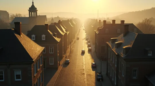 Vue aérienne cinématographique des rues pavées historiques de Québec et Montréal montrant l'architecture française et britannique qui raconte l'histoire du Canada