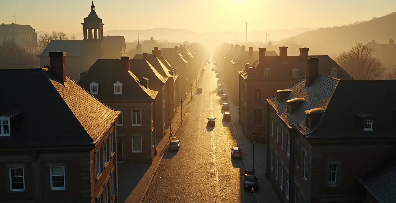Vue aérienne cinématographique des rues pavées historiques de Québec et Montréal montrant l'architecture française et britannique qui raconte l'histoire du Canada