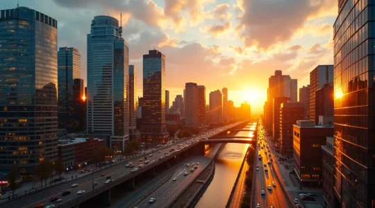 Vue panoramique de Montréal avec ses gratte-ciel modernes, symbolisant la diversité économique et la vitalité de la métropole.