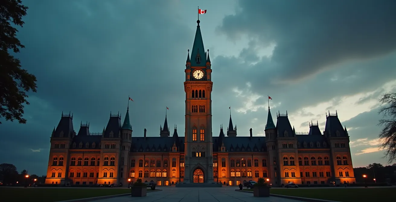 Vue dramatique de la Colline du Parlement à Ottawa au coucher du soleil, mettant en valeur les détails néogothiques et les symboles canadiens intégrés.