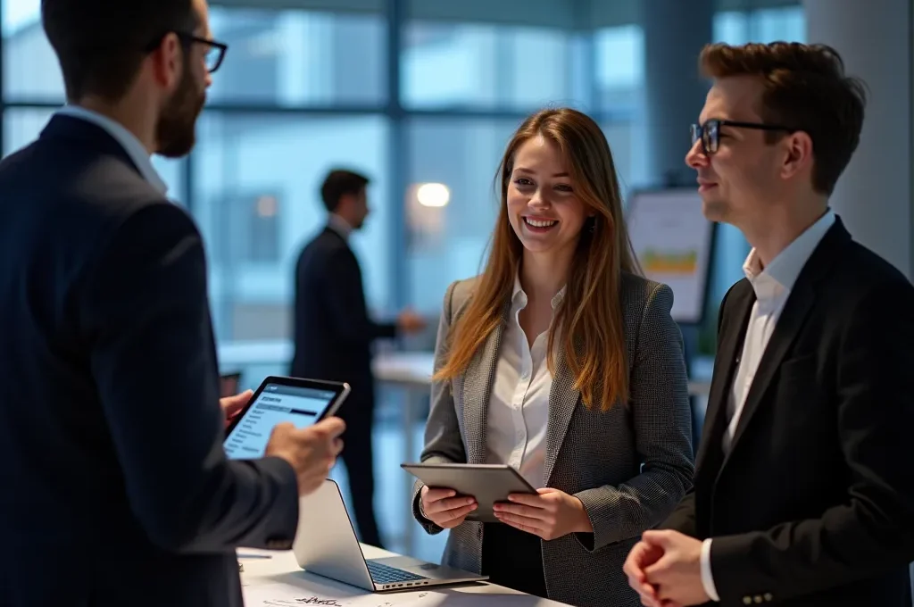 Étudiant de cégep présentant son portfolio de projets techniques à des recruteurs lors d'un salon de l'emploi