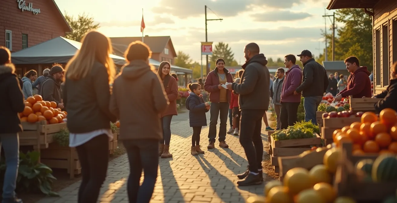 Scène illustrant l'intégration réussie de réfugiés dans une petite ville canadienne