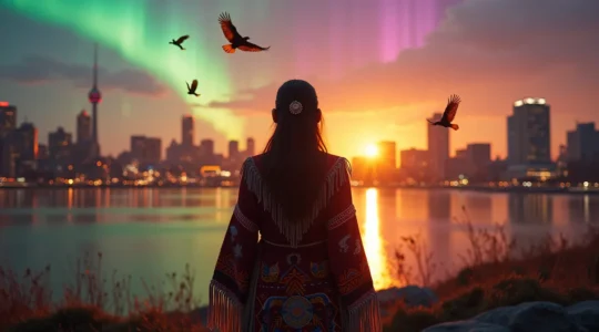 Vision artistique de la renaissance culturelle des Premières Nations à Montréal, mêlant modernité urbaine et traditions ancestrales