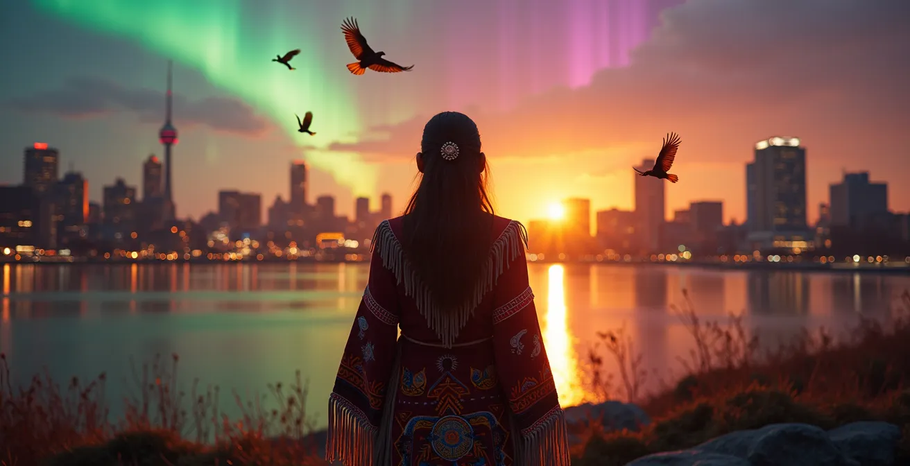 Vision artistique de la renaissance culturelle des Premières Nations à Montréal, mêlant modernité urbaine et traditions ancestrales