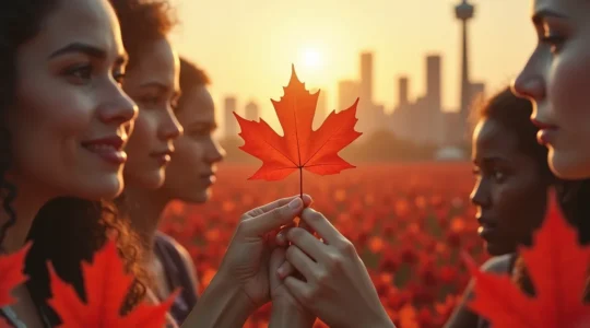 Illustration symbolique représentant la transformation démographique du Canada sur 50 ans grâce à l'immigration