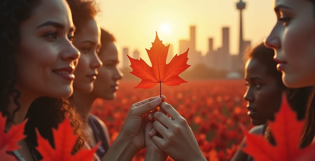 Illustration symbolique représentant la transformation démographique du Canada sur 50 ans grâce à l'immigration