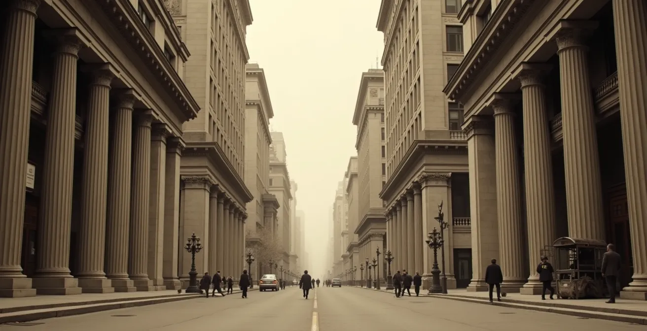 Vue historique de la rue Saint-Jacques à Montréal montrant les imposants édifices bancaires en pierre calcaire de style néoclassique témoignant de l'âge d'or économique