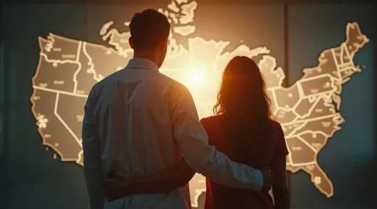 Vue symbolique du système de santé canadien avec médecin et patient devant emblèmes des provinces