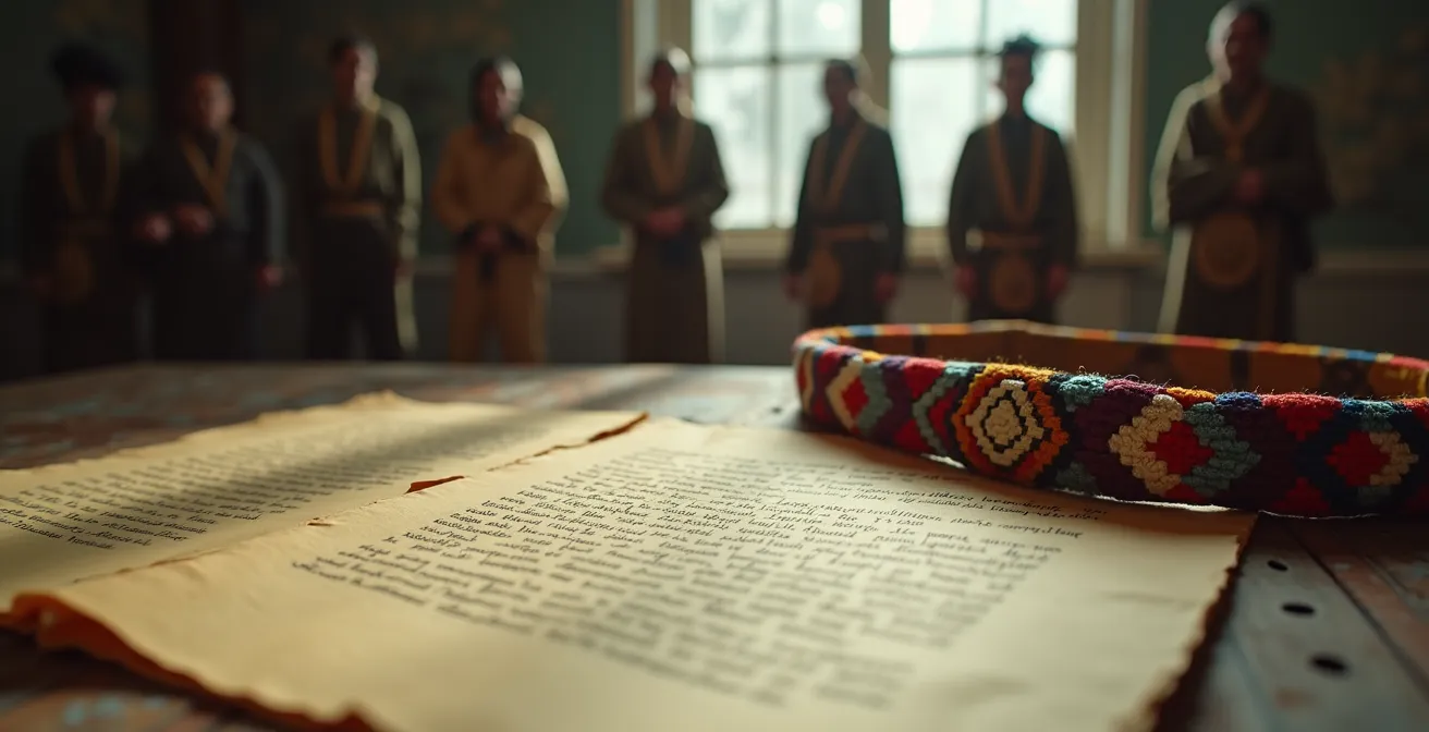 Image évoquant les traités canadiens avec des documents anciens, une ceinture wampum et des figures autochtones en arrière-plan