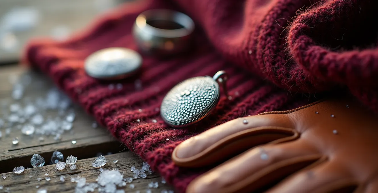 Gros plan sur des accessoires d'hiver luxueux en laine et cachemire avec bijoux artisanaux montréalais