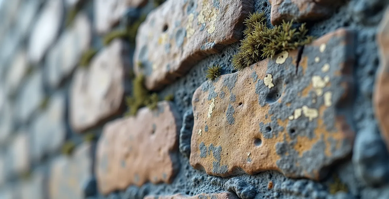 Détail architectural macro d'un mur en pierre grise de Montréal montrant la texture et les marques du temps