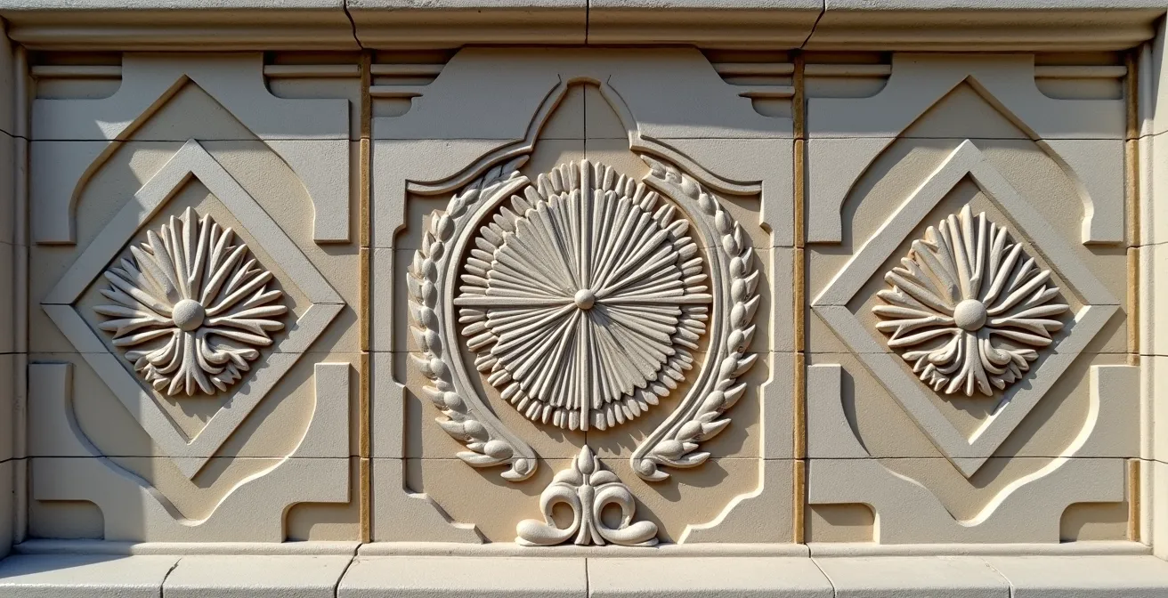 Motifs Art déco géométriques sur une façade en pierre avec bas-reliefs stylisés représentant la faune canadienne
