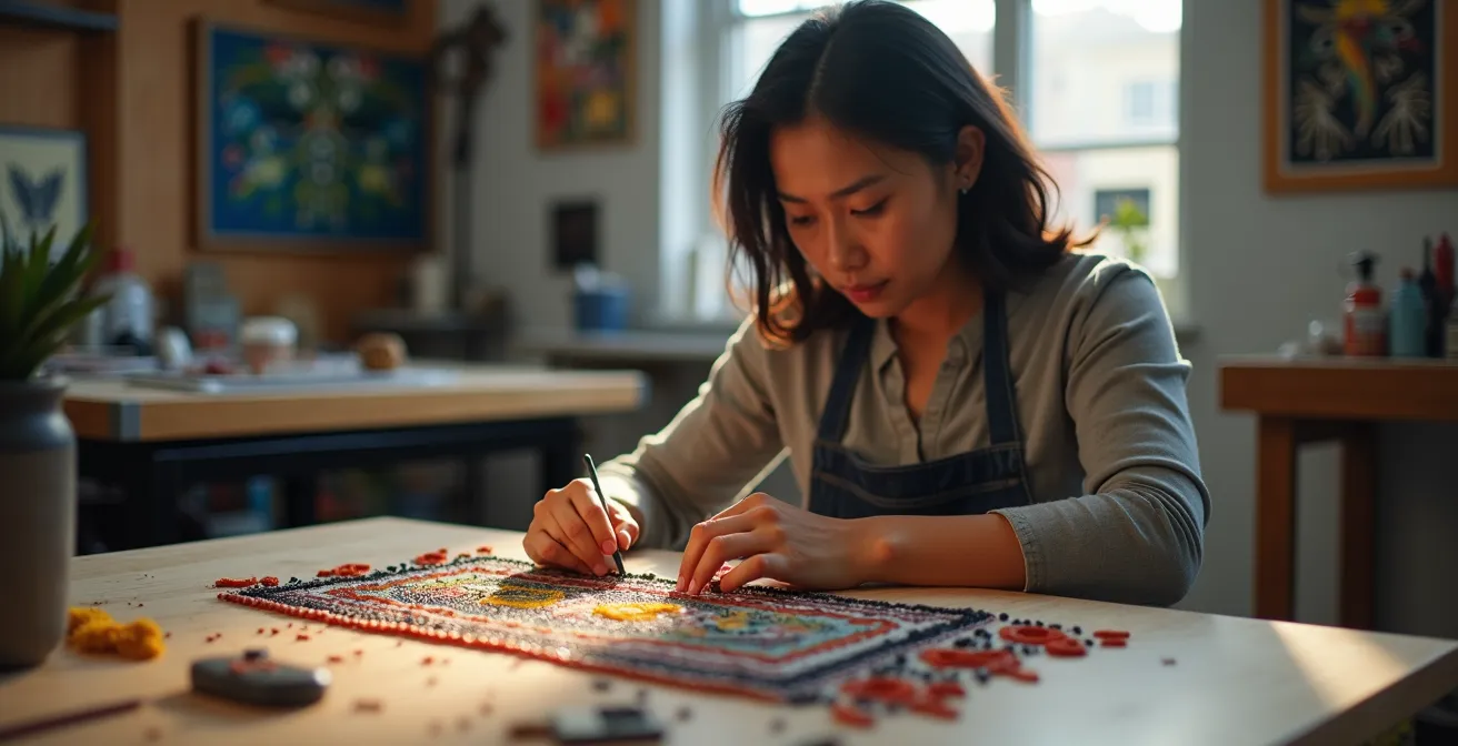 Portrait d'artiste autochtone travaillant sur une œuvre contemporaine mêlant perles traditionnelles et techniques modernes