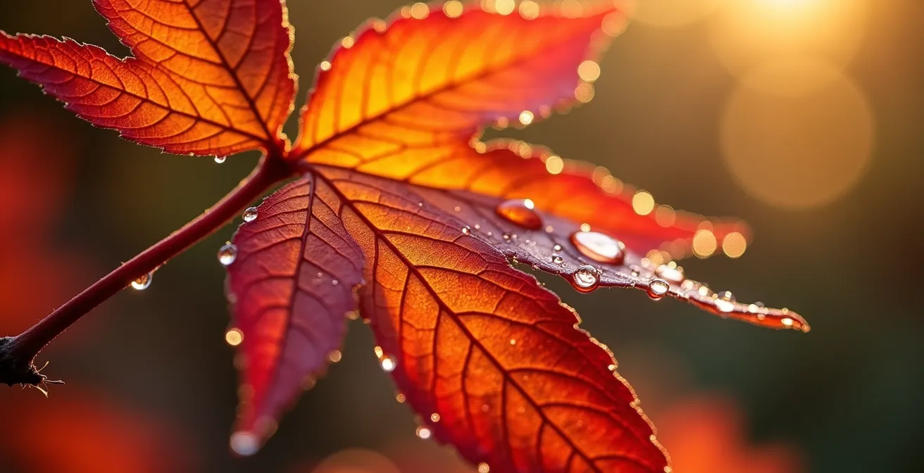 Vue macro de feuilles d'érable rouge et orange avec gouttes de rosée sur le Mont-Royal