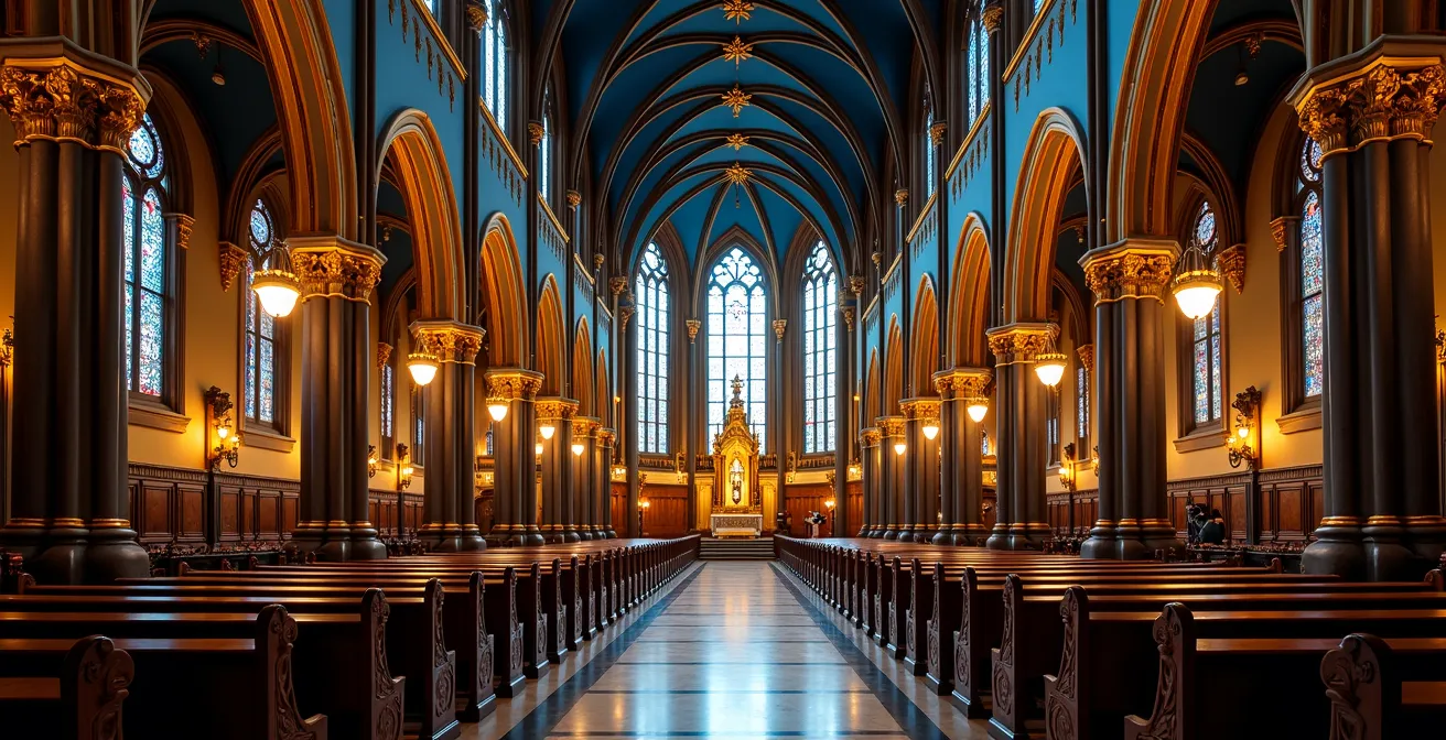 Vue intérieure de la basilique Notre-Dame de Montréal montrant les voûtes étoilées bleues et dorées